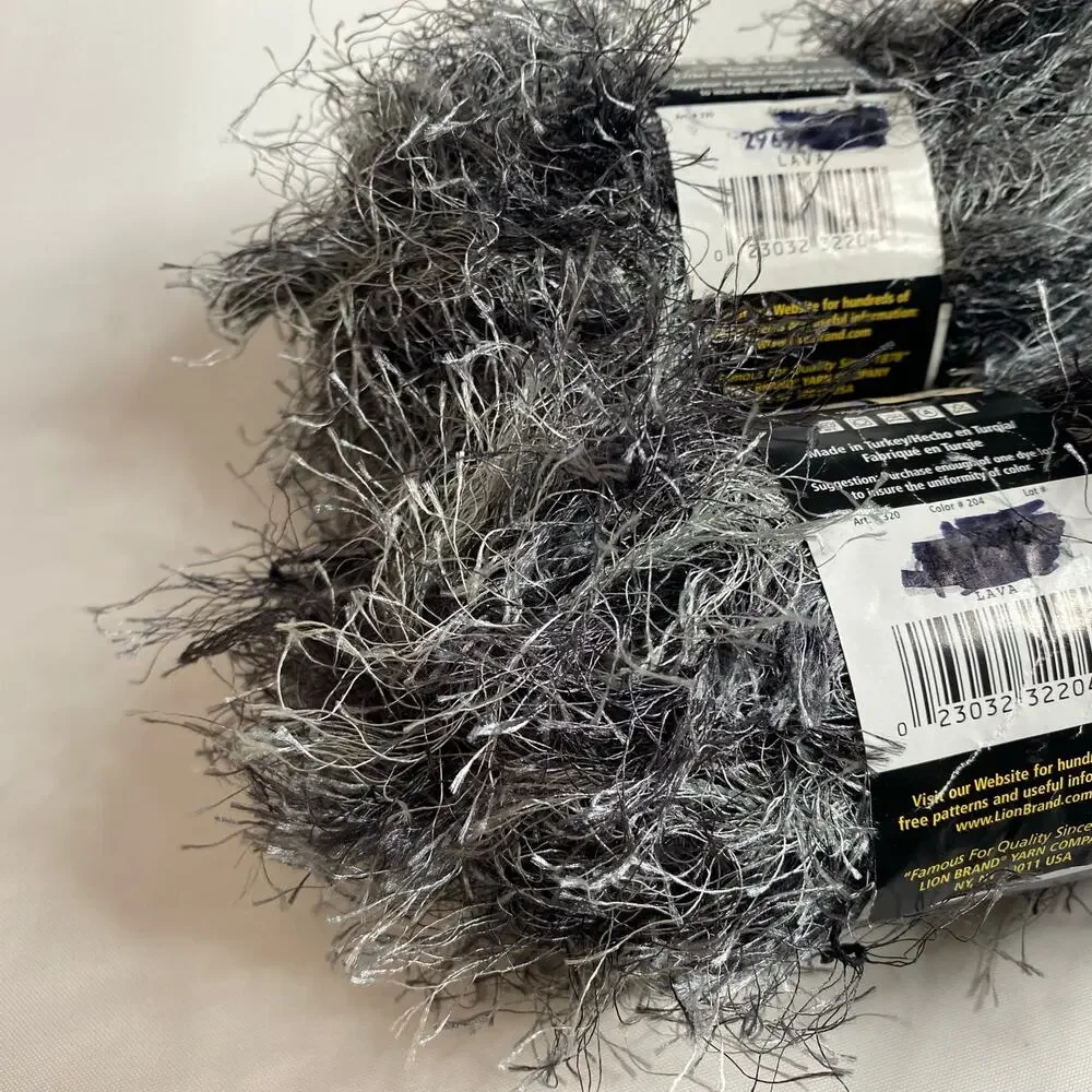 Lot Of 2 Lion Brand Fun Fur Prints Eyelash Yarn #204 Lava Black White Gray NWT